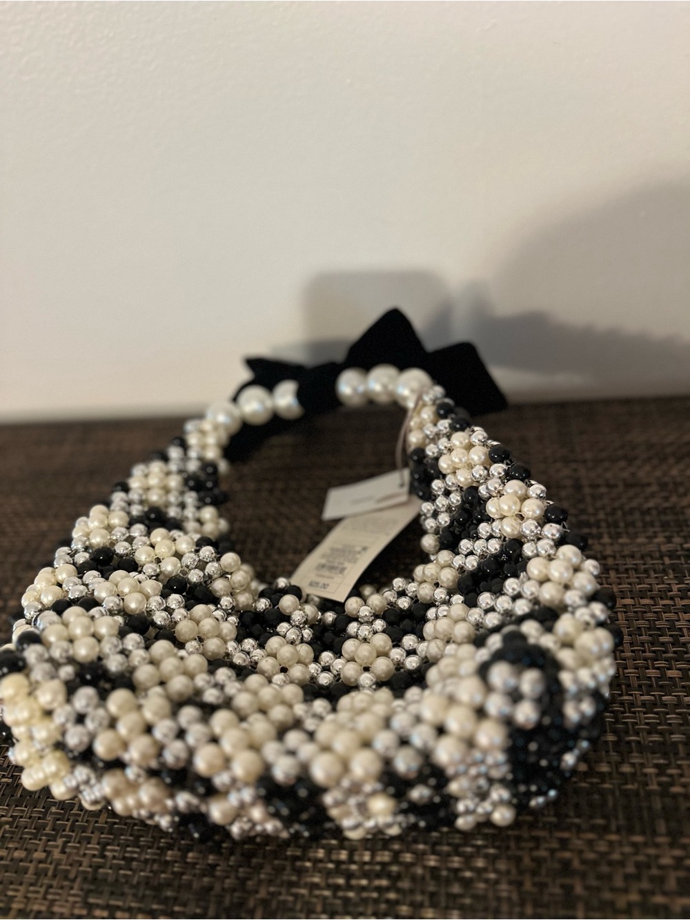 NWT A New Day Black & White Beaded Checkered Shoulder Bag with Bow Pearl - Picture 7 of 12